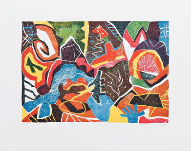 JAN VOSS - (1936 HAMBURG) - o. T., 1985: JAN VOSS (1936 HAMBURG) o. T., 1985 Farbholzschnitt auf Bütten, Plattengröße: 29,8 x 43,3 cm, Blattgröße: 44,7 x 56,3 cm ungerahmt Signatur vorne rechts unten: Voss 85 Bezei