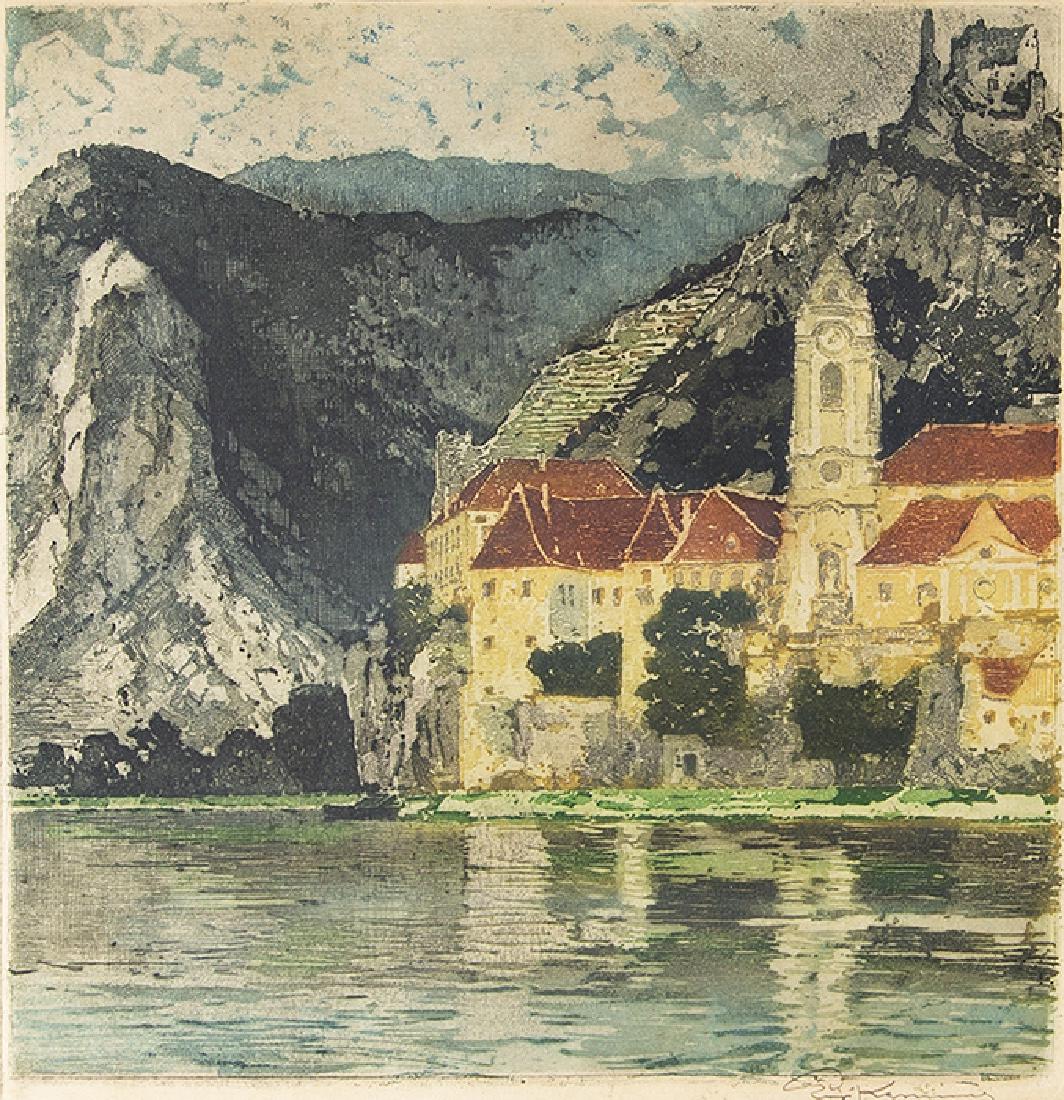 LUIGI KASIMIR - (1881 PETTAU - 1962 WIEN) - DÜRNSTEIN: LUIGI KASIMIR (1881 PETTAU - 1962 WIEN) DÜRNSTEIN Farbradierung, Plattengröße: 24 x 23 cm, Passepartout, gerahmt, Maß mit Rahmen: 42 x 39 cm Signatur vorne rechts unten: Luigi Ka