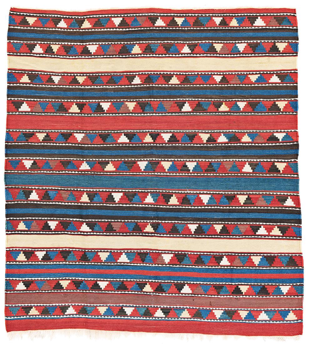 Shahsavan Kilim: Shahsavan Kilim 5 ft. 3 in. x 4 ft. 10 in. Azerbaijan, late 19th century Condition: good, few small repairs Warp: wool, weft: wool Provenance: Theo Häberli private collection