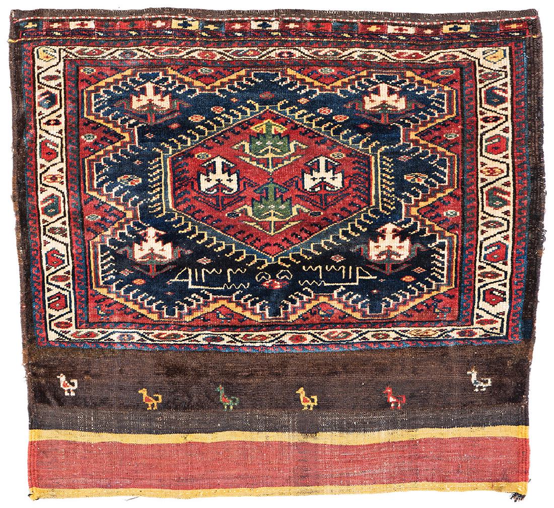 Varamin Bag Face: Varamin Bag Face 3 ft. 1 in. x 2 ft. 9 in. Persia, dated 1335 (1917) Condition: good, scattered low pile, scattered small repairs, few signs of wear Warp: wool, weft: wool, pile: wool Provenance: Theo