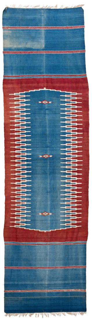 Aleppo Kilim: Aleppo Kilim 309 x 88 cm (10 ft. 2 in. x 2 ft. 11 in.) Syria, ca. 1930 Condition: good, color loss in some places, slightly stained, scattered old repairs, signs of wear Warp: cotton, weft: cotton Pro