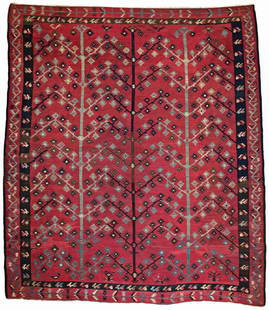 Sarkoy Kilim: Sarkoy Kilim 358 x 315 cm (11 ft. 9 in. x 10 ft. 4 in.) Bulgaria, Pirot ca. 1900 Condition: good, some old small repairs, stained, signs of wear Warp: wool, weft: wool Provenance: Austrian private col