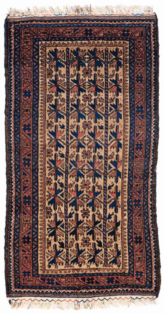 Baluch: Baluch 155 x 85 cm (5 ft. 1 in. x 2 ft. 9 in.) Persia, ca. 1930 Condition: good, scattered low pile, signs of wear Warp: wool, weft: wool, pile: wool Provenance: Austrian private collection