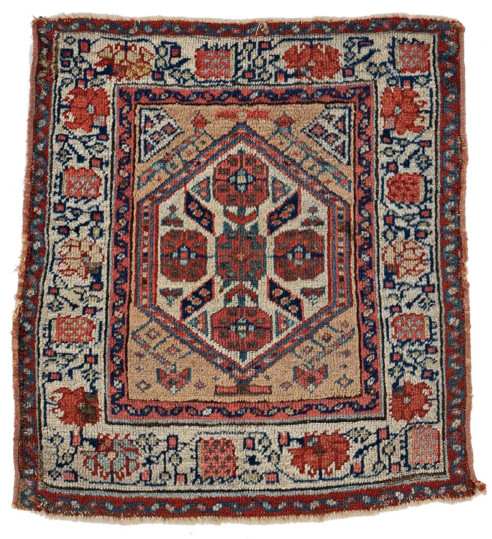 Sarab Bag Face: Sarab Bag Face 55 x 50 cm (1 ft. 10 in. x 1 ft. 8 in.) Persia, late 19th century Condition: good, scattered low pile, bottom end restored, selvages rebound, scattered small repairs, signs of wear Warp