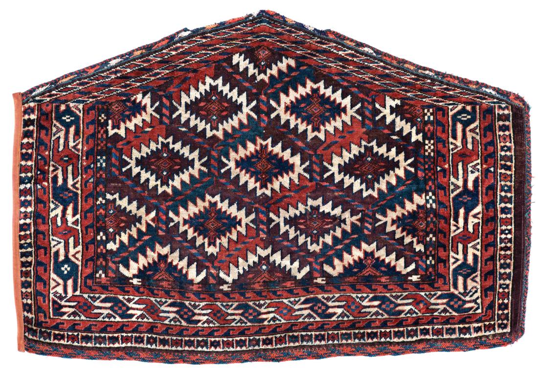 Yomut Asmalyk: Yomut Asmalyk 108 x 75 cm (3 ft. 7 in. x 2 ft. 6 in.) Turkmenistan, late 19th century Condition: good, low pile, left border incomplete, signs of wear Warp: wool, weft: wool, pile: wool Provenance: Th