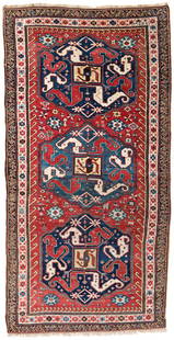 Cloud Band Kazak *: Cloud Band Kazak 295 x 155 cm (9 ft. 8 in. x 5 ft. 1 in.) Caucasus, dated 1886 Condition: good, bottom end slightly restored, scattered low pile, scattered small old repairs Warp: wool, weft: wool, pi