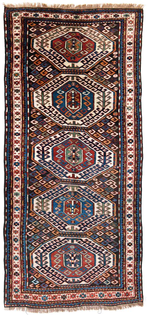 Lenkoran *: Lenkoran 288 x 134 cm (9 ft. 5 in. x 4 ft. 5 in.) Caucasus, ca. 1880 Condition: very good, left bottom corner restored, minor small repairs Warp: wool, weft: wool, pile: wool Published: â€žKaukasi
