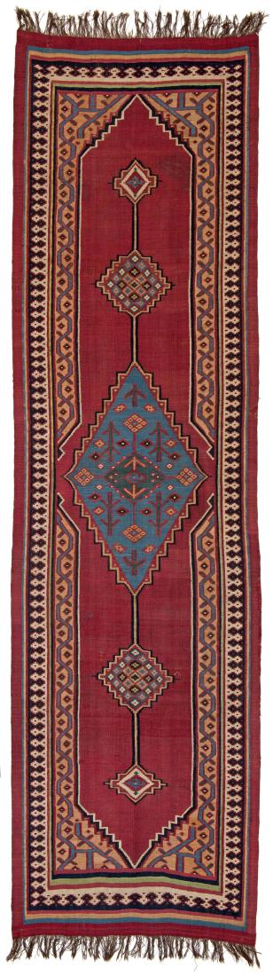 Shushtar Kilim: Shushtar Kilim 330 x 90 cm (10 ft. 10 in. x 2 ft. 11 in.) Persia, late 19th century Condition: good, some small repairs, slightly stained, signs of wear Warp: wool, weft: wool Provenance: Siawosch Aza
