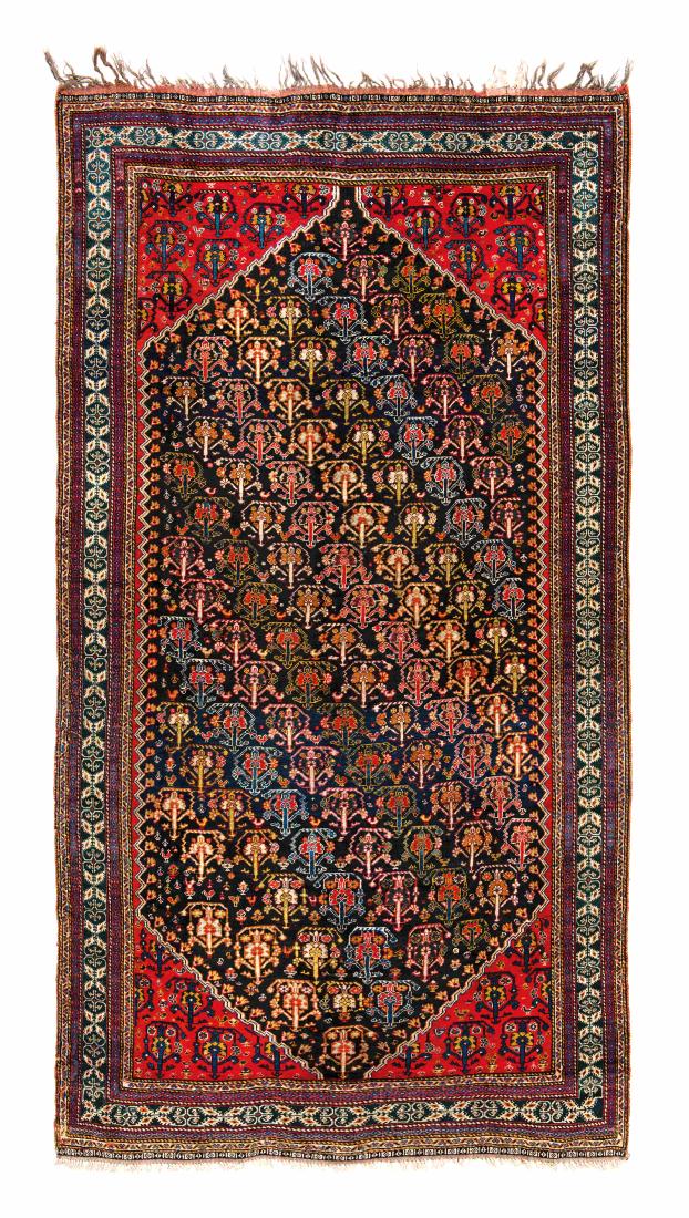 Qashqai: Qashqai Persia, ca. 1870 9ft. 2 in. x 4ft. 11 in. Condition: good, low pile in places, few small repairs Warp: wool, weft: wool, pile: wool Provenance: Siawosch Azadi