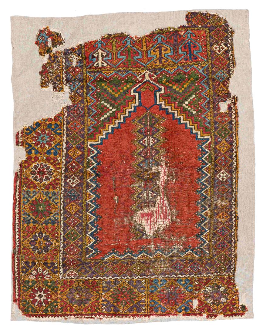 Mujur Prayer Rug Fragment: Mujur Prayer Rug Fragment 133 x 97 cm (4 ft. 4 in. x 3 ft. 2 in.) Turkey, first half 19th century Condition: fragment, sewn on fabric Warp: wool, weft: wool, pile: wool Provenance: Italian private col