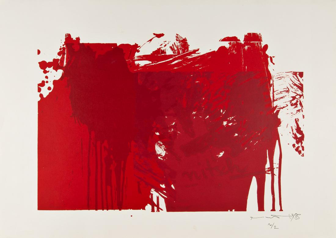 HERMANN NITSCH: HERMANN NITSCH (1938 WIEN) o. T., 1985 Lithografie auf festem Papier, Plattengröße: 39 x 50 cm, Blattgröße: 50 x 70 cm, ungerahmt Signatur vorne rechts unten: Hermann Nitsch 1985