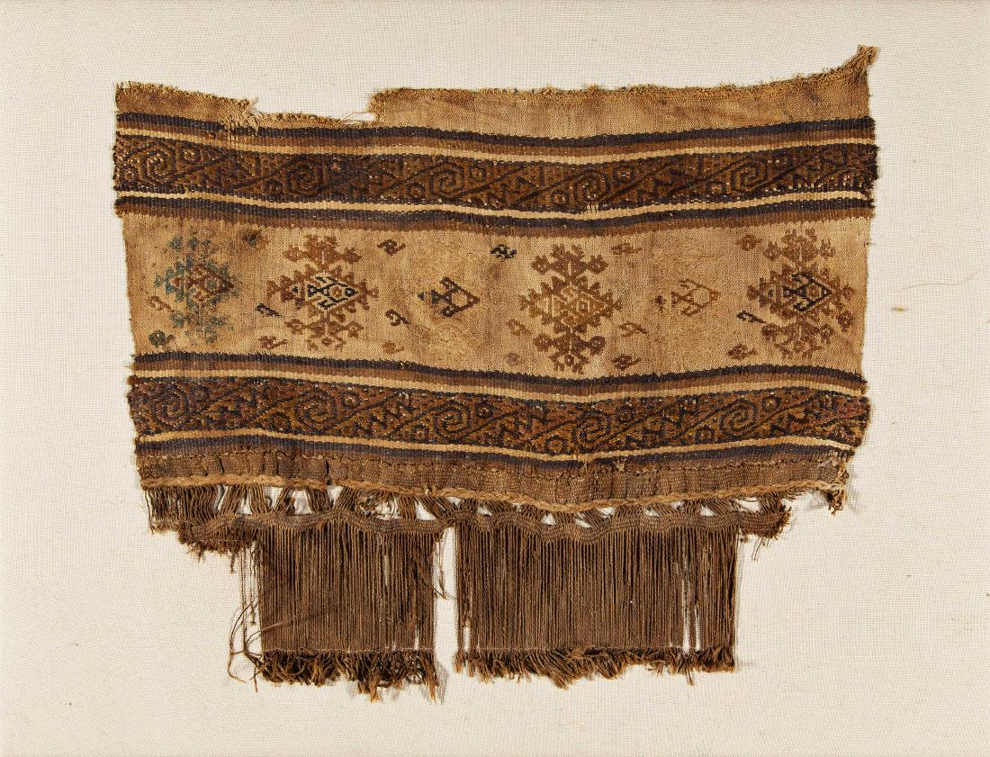 Fragment with elaborately designed border: Fragment with elaborately designed border 17 x 30 cm (7” x 1’) Chimu, ca. 1000 A.D. Cotton; fish and bird depictions Cf.: Altindianische Textilkunst aus Peru, F. Anton, 1986, Plate 154