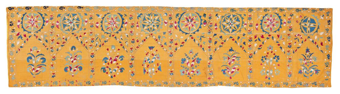 Suzani Saph: Suzani Saph 331 x 83 cm (10’ 10” x 2’ 9”) Uzbekistan, second half 19th century Condition: good, some small defects, small holes, slightly stained, few signs of wear Silk on cot