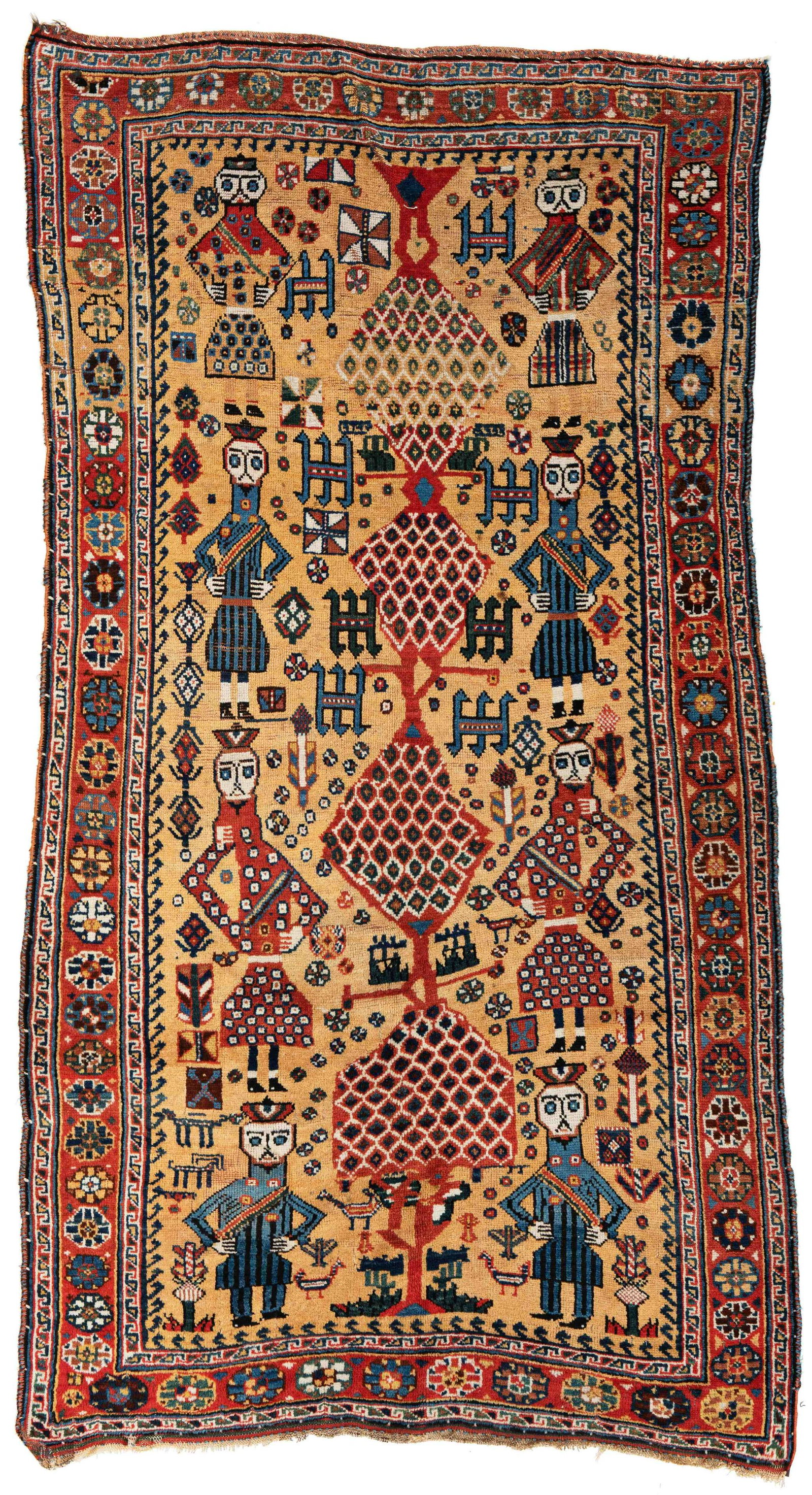 Lori with Unusual Human Figures: Lori with Unusual Human Figures 233 x 125 cm (7’ 8” x 4’ 1”) Persia, late 19th century Condition: good, scattered low pile, some creases, dark brown partially corroded, all fou