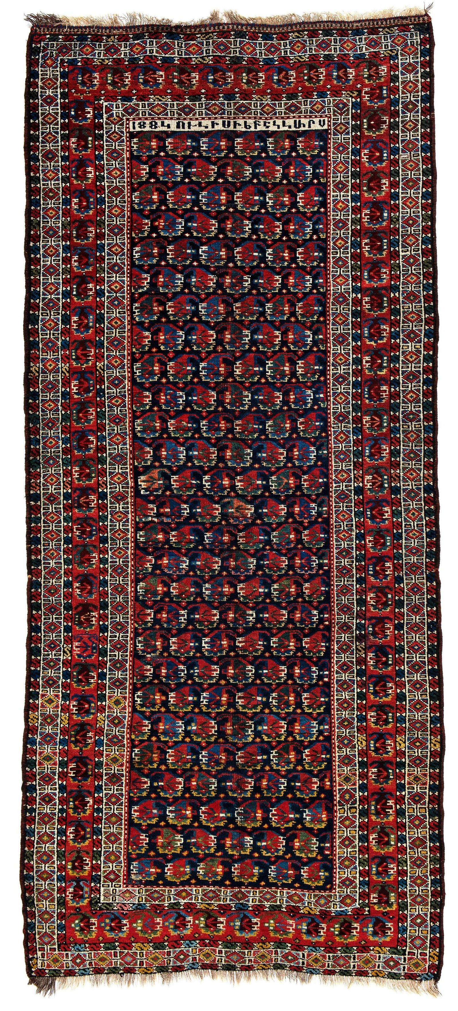 Karabagh: Karabagh 280 x 93 cm (9' 2" x 3' 1") Armenia, dated 1884 Condition: very good, minor signs of wear Warp: wool, weft: wool, pile: wool