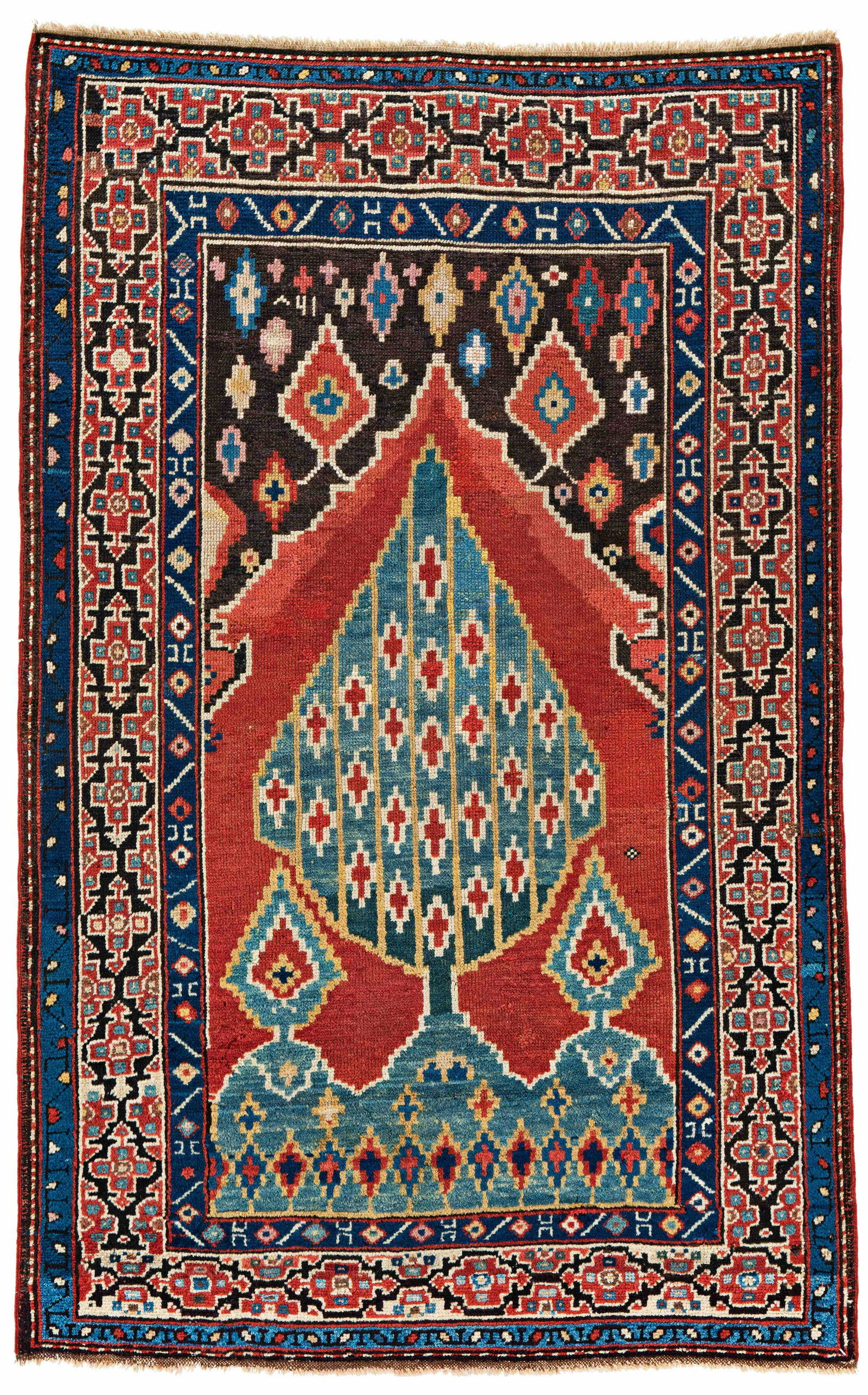 Rare Avar Prayer Rug: Rare Avar Prayer Rug 151 x 94 cm (4' 11" x 3' 1") Caucasus, second half 19th century Condition: good, low pile, both ends restored, several small repairs, selvages rebound Warp: wool, weft: wool, pile