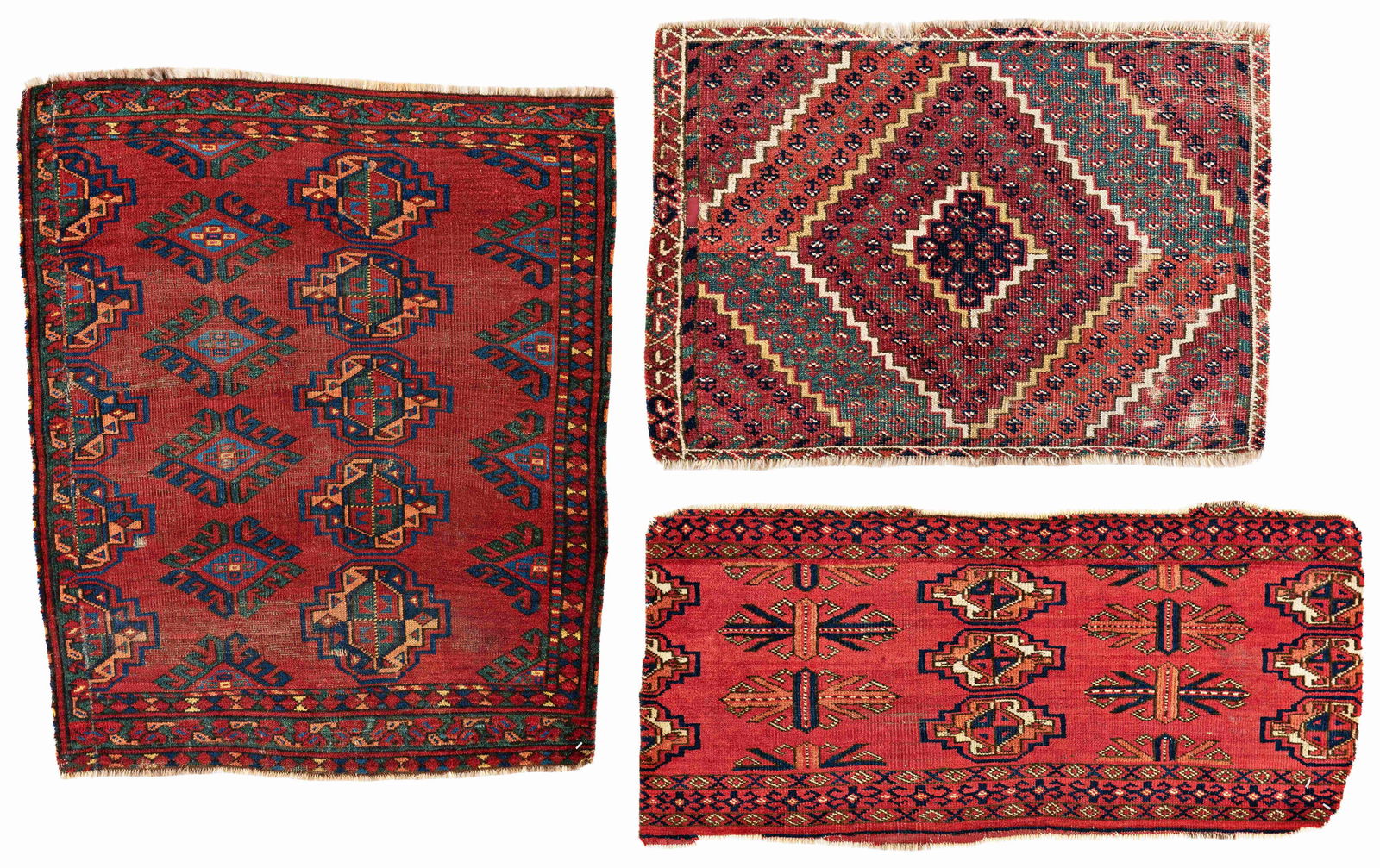 Three Ersari Rug Fragments: Three Ersari Fragments 48 x 68 cm (Chuval) / 76 x 63 cm (Main Carpet) / 80 x 38 cm (Torba) 1' 7" x 2' 3" (Chuval) / 2' 6" x 2' 1" (Main Carpet) / 2' 7" x 1' 3" (Torba) Turkmenistan, second half 19th c