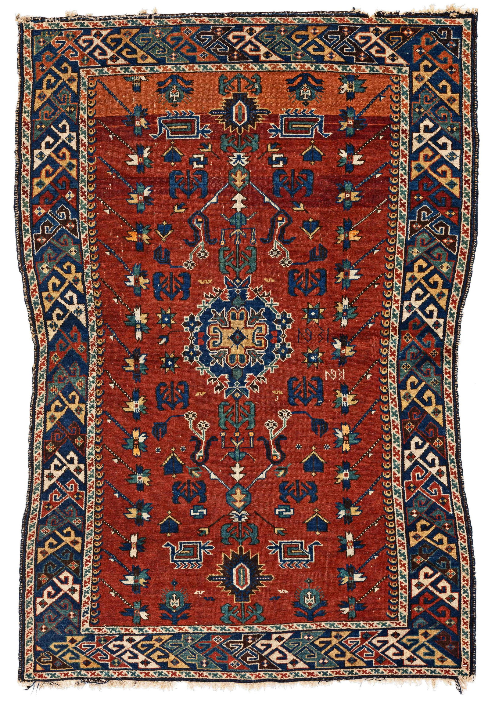 Eriwan Rug: Eriwan 157 x 100 cm (5' 2" x 3' 3") Armenia, dated 1931 Condition: used, low pile in places, both ends partially incomplete and open, signs of use at the sides, scattered small repairs Warp: wool, wef