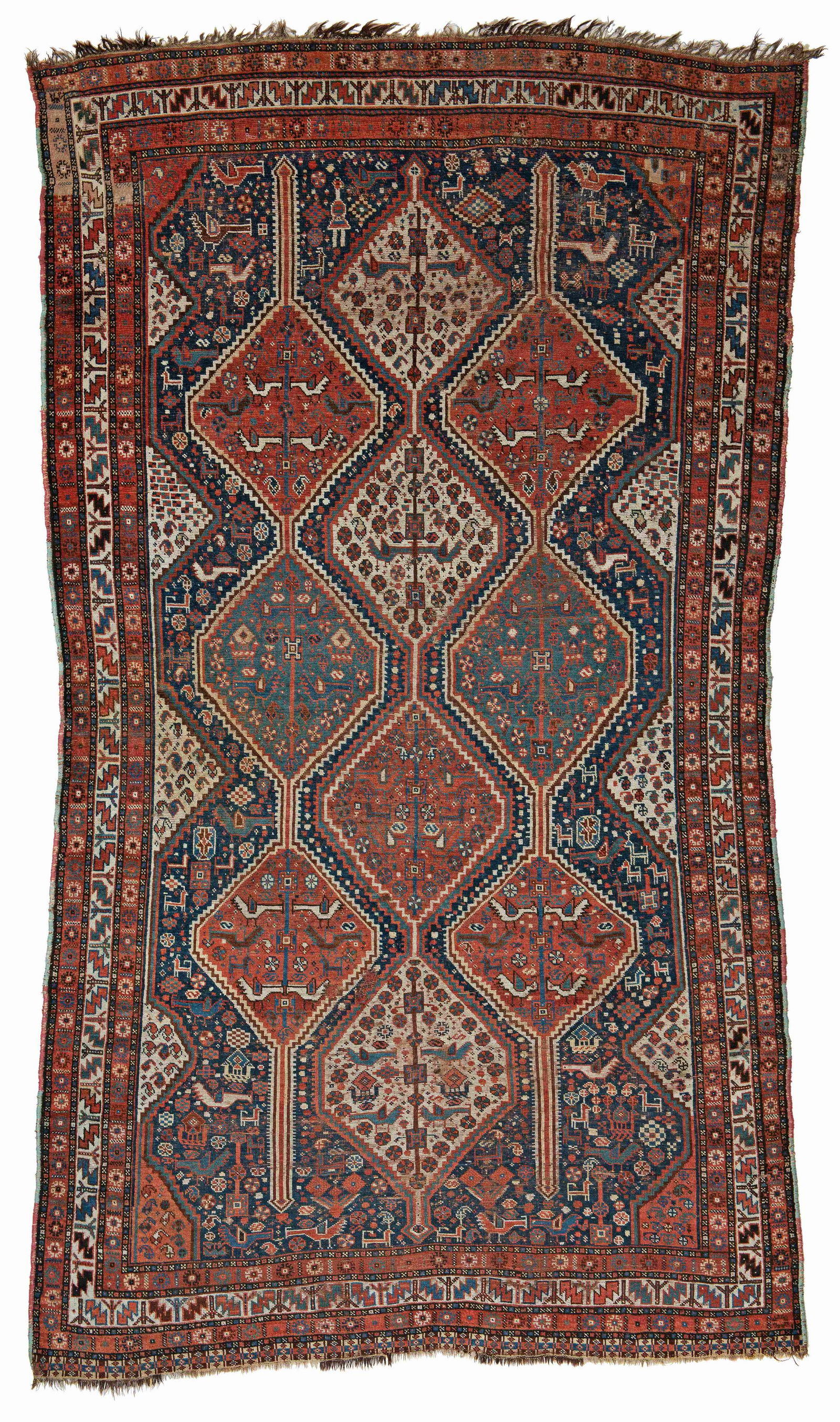 Khamseh: Khamseh 273 x 151 cm (8' 11" x 4' 11") Persia, late 19th century Condition: used, low pile, lower end partially slightly incomplete, several small repairs, one large repair in the left upper corner, s