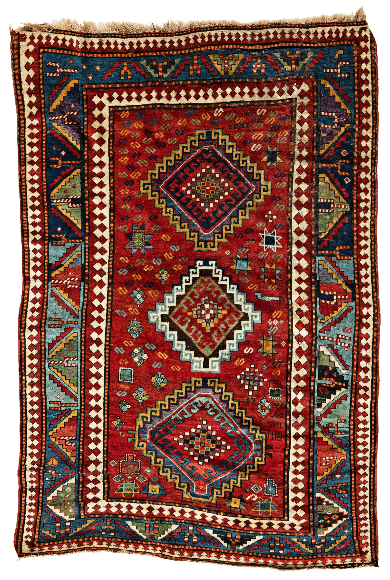 Kazak Rug: Kazak Rug 214 x 141 cm (7' x 4' 8") Caucasus, late 19th century Condition: good, low pile in places, several small repairs and reweavings Warp: wool, weft: wool, pile: wool
