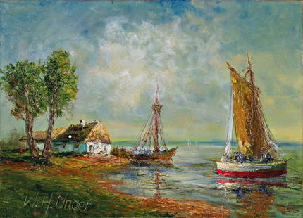 WOLFGANG HEINZ UNGER: WOLFGANG HEINZ UNGER (1929 HALLE AN DER SAALE) FISCHERBOOTE AM UFER Öl auf Leinwand, 50 x 70 cm Signatur vorne links unten: W.H. Unger Bezeichnung Rückseite: Signatur, Geburtsdatum,