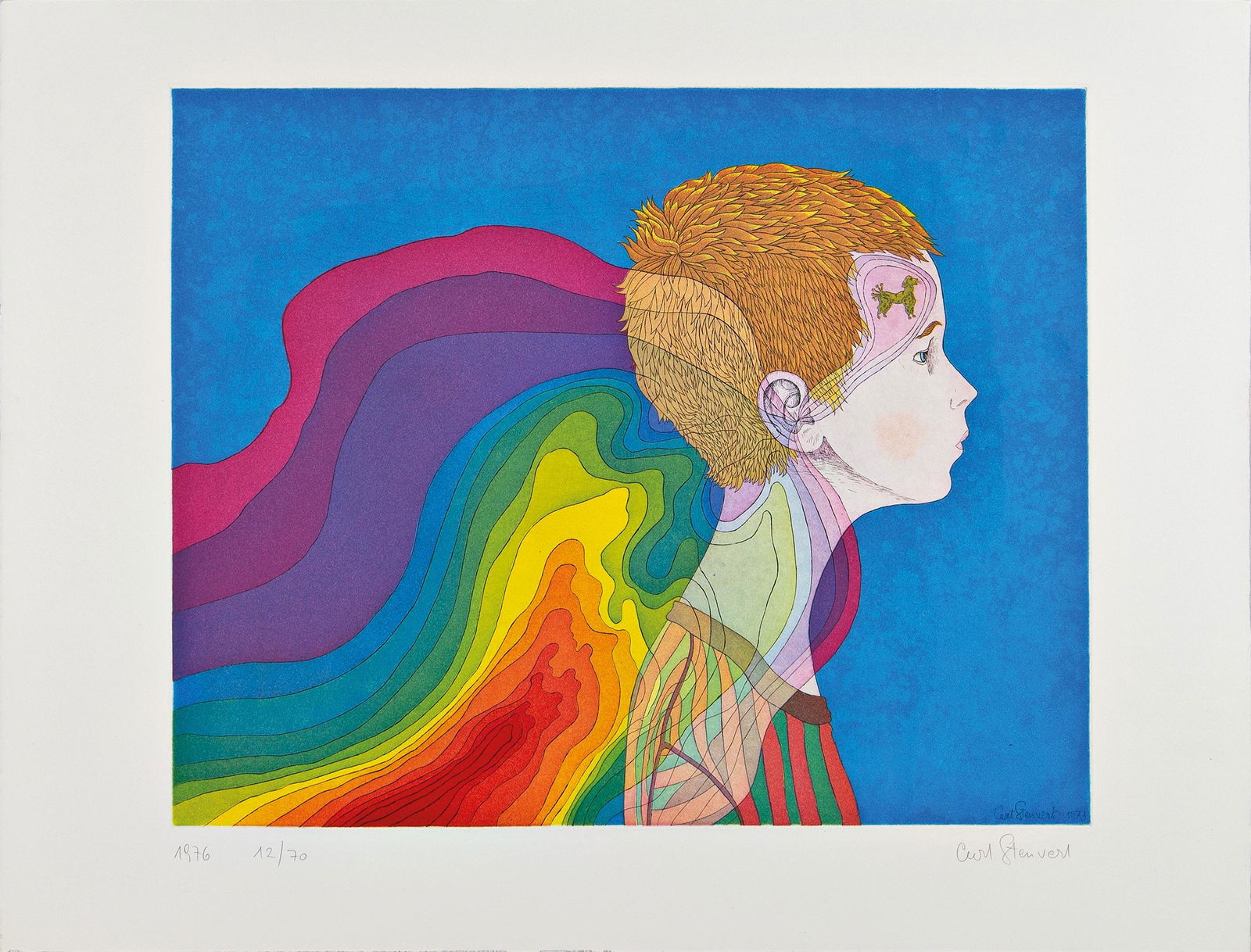 CURT STENVERT: CURT STENVERT (1920 WIEN - 1992 KÖLN) KNABE HÖRT HUND BELLEN UND STELLT SICH PUDEL VOR, 1976 Aquatinta Radierung auf Arches, 48 x 38 cm Plattengröße 56 x 76 cm Blattgröß