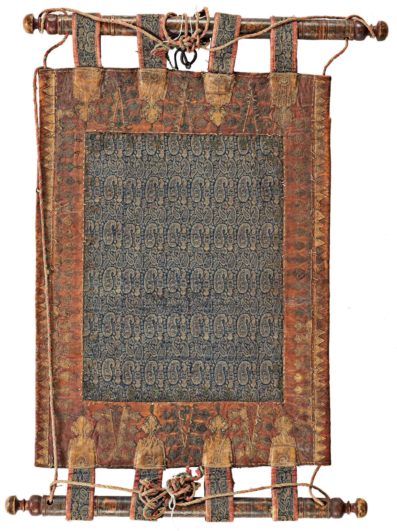 Tibetan Baby cradle made of leather and silk brocade (1 of 4)
