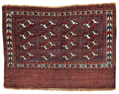 Yomut Chuval: Yomut Chuval 107 x 77 cm (3' 6" x 2' 6") Turkmenistan, second half 19th century Condition: good, mostly good pile, right upper corner slightly restored, minor small repairs Warp: wool, weft: wool,