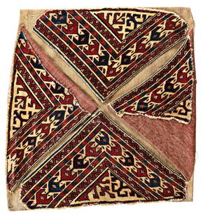 Yomut Bokche: Yomut Bokche 78 x 74 cm (2' 7" x 2' 5") Turkmenistan, mid 19th century Condition: used, all four parts partially incomplete, mostly good pile, sewn on kilim Warp: wool, weft: wool, pile: wool