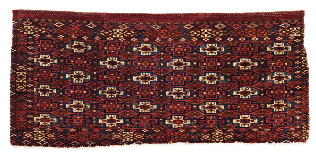 Rare Tekke Torba: Rare Tekke Torba 70 x 31 cm (2' 4" x 1') Turkmenistan, mid 19th century Condition: good, both sides and lower end incomplete, scattered small repairs Warp: wool, weft: wool, pile: wool with silk