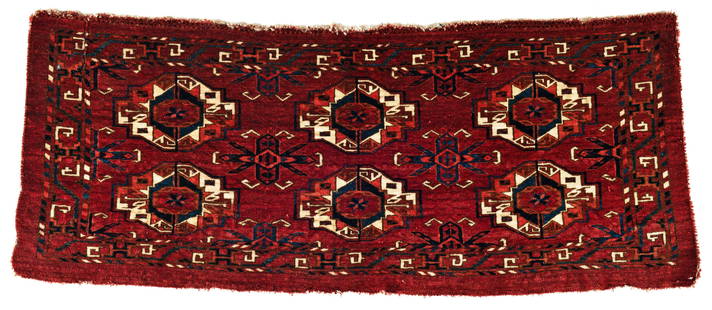 Tekke Torba: Tekke Torba 117 x 47 cm (3' 10" x 1' 7") Turkmenistan, mid 19th century Condition: very good, good pile, both ends partially slightly incomplete, one sewn up tear at left upper side Warp: wool, weft: