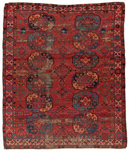 Ersari Main Carpet: Ersari Main Carpet 254 x 206 cm (8' 4" x 6' 9") Turkmenistan, early 19th century Condition: good according to age, low pile in places, foundation partially visible, slightly incomplete all around,