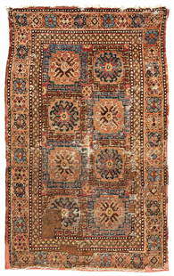 Small early Khotan Rug: Small early Khotan 152 x 93 cm (5' x 3' 1") East Turkestan, 18th century Condition: used, low pile, several missing parts and holes, clear signs of use, backed with fabric Published: â€žGewebt