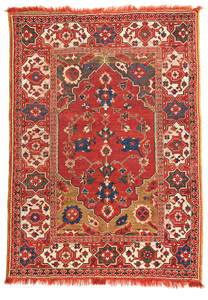 Transylvanian Double-Niche Prayer Rug with star and cartouche border