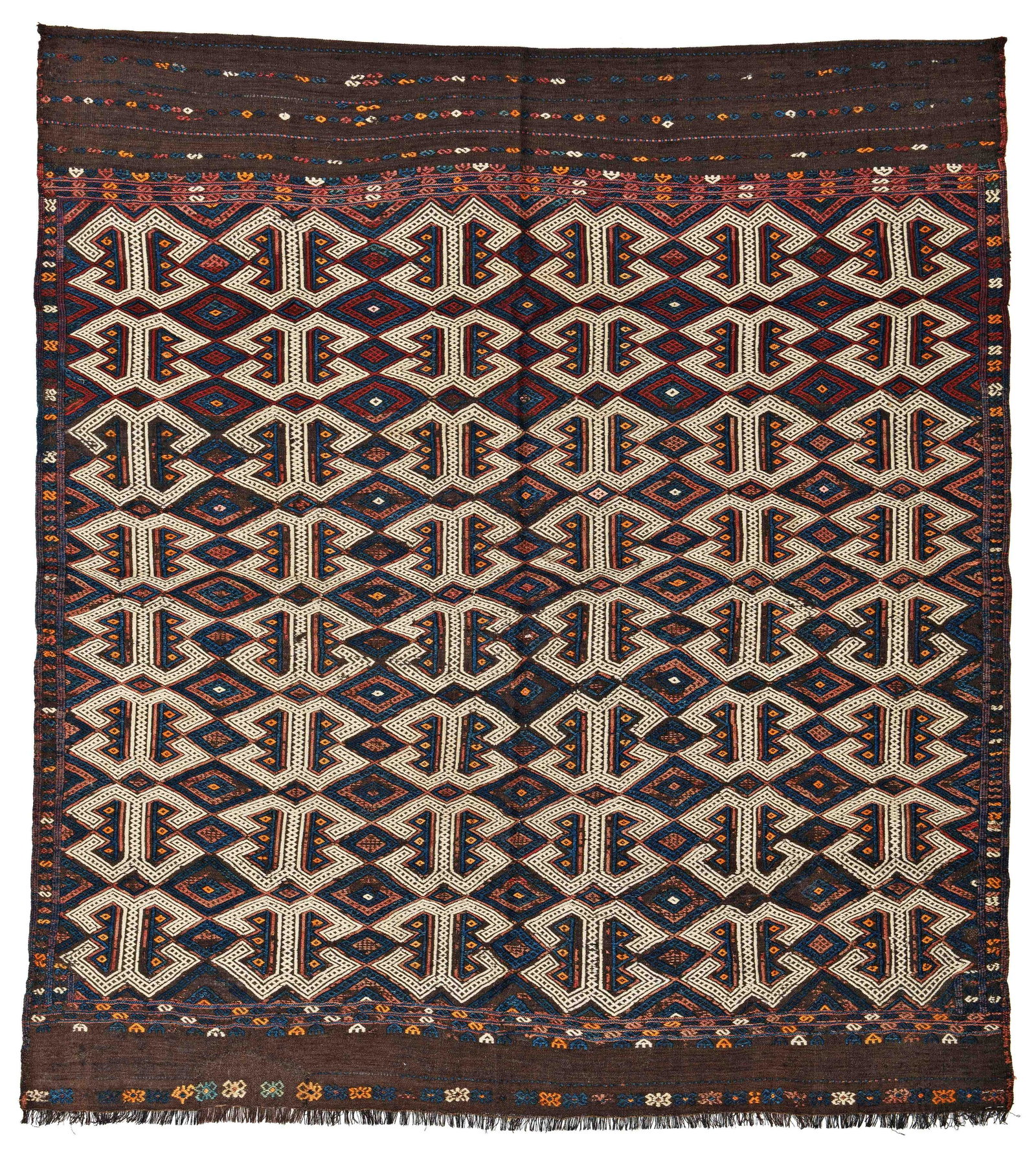 Bergama Cicim: Bergama Cicim 167 x 152 cm (5' 6" x 5') Turkey, early 20th century Condition: good, one repair at lower end, several abrasions, signs of use Warp: wool, weft: wool