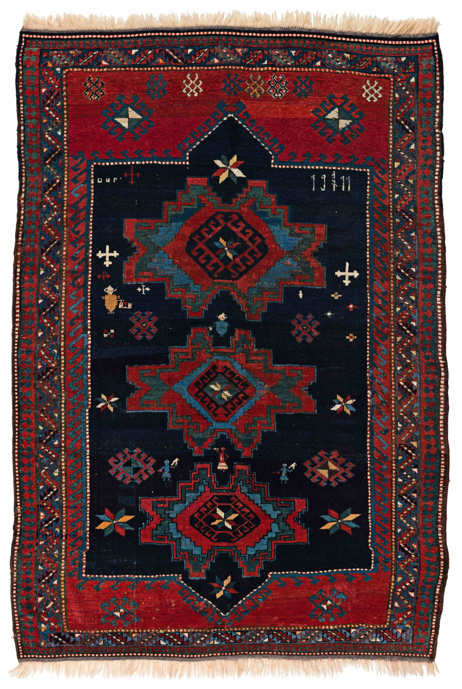 Karabagh Rug: Karabagh 221 x 153 cm (7' 3" x 5') Armenia, dated 1911 Condition: good, low pile in places, both ends restored, several repairs Warp: wool, weft: wool, pile: wool