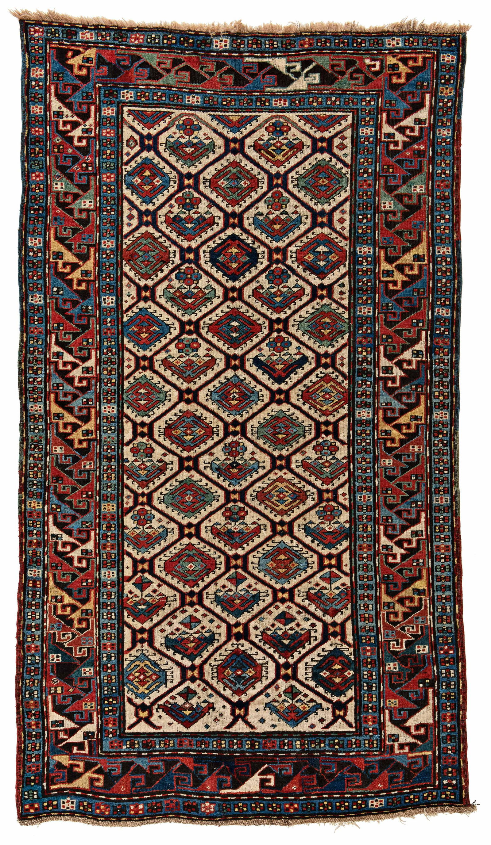Karabagh Rug: Karabagh 219 x 122 cm (7' 2" x 4') Armenia, late 19th century Condition: good, low pile in places, corroded dark brown, several old repairs and reweavings, lower end restored Warp: wool, weft: wool, p