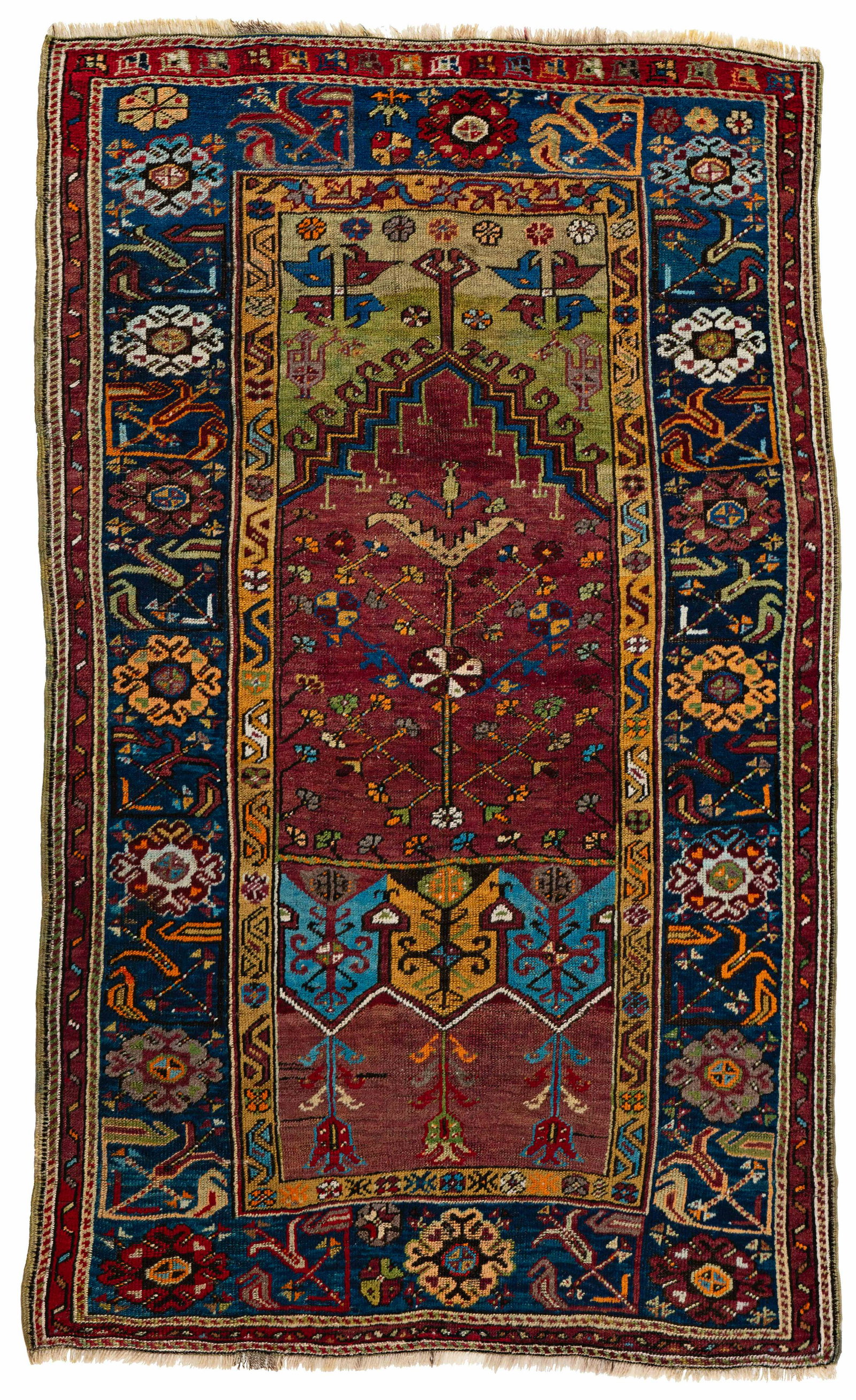 Ladik Rug: Ladik 183 x 110 cm (6' x 3' 7") Turkey, early 20th century Condition: good, low pile in places, several small repairs, lower end partially restored Warp: wool, weft: wool, pile: wool