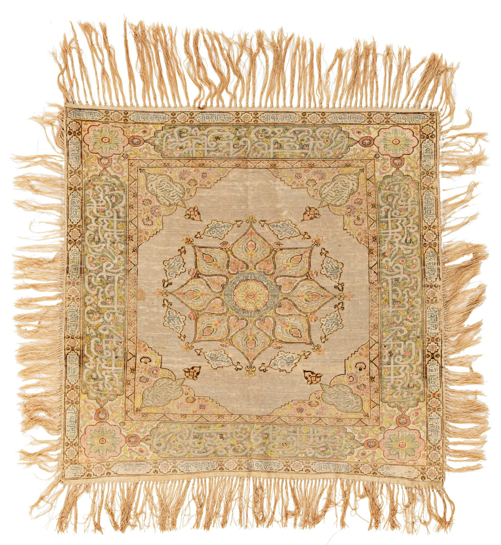 Pandirma Rug with Inscriptions: Pandirma with Inscriptions 130 x 126 cm (4' 3" x 4' 2") Turkey, ca. 1920 Condition: good, low pile, several abrasions, slightly stained, signs of use at sides and ends Warp: cotton, weft: cotton, pile