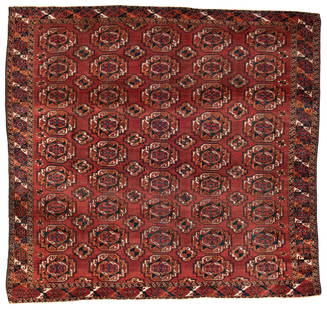 Early Saryk Main Carpet: Early Saryk Main Carpet 212 x 223 cm (6' 11" x 7' 4") Turkmenistan, 18th century Condition: good according to age, low pile in places, several professional repairs, both ends slightly incomplete,