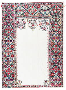 Shahrisabz Joinamaz Suzani: Shahrisabz Joinamaz Suzani 232 x 161 cm (7' 7" x 5' 3") Uzbekistan, ca. 1900 Condition: very good, minimally stained Silk on cotton