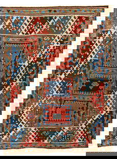 Bordjalou Kazak Rug: Bordjalou Kazak 208 x 155 cm (6' 10" x 5' 1") Caucasus, ca. 1870 Condition: good, low pile in places, corroded dark brown, scattered small repairs Warp: wool, weft: wool, pile: wool