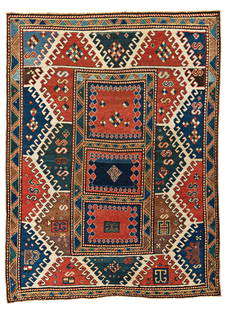 Bordjalou Kazak Rug: Bordjalou Kazak 208 x 155 cm (6' 10" x 5' 1") Caucasus, ca. 1870 Condition: good, low pile in places, corroded dark brown, scattered small repairs Warp: wool, weft: wool, pile: wool