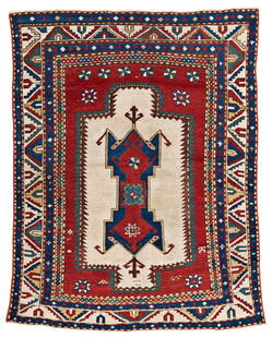 Animal Fur Kazak Rug: Animal Fur Kazak 179 x 139 cm (5' 10" x 4' 7") Armenia, second half 19th century Condition: good, low pile in places, corroded dark brown, scattered small repairs, selvages rebound Warp: wool, weft: