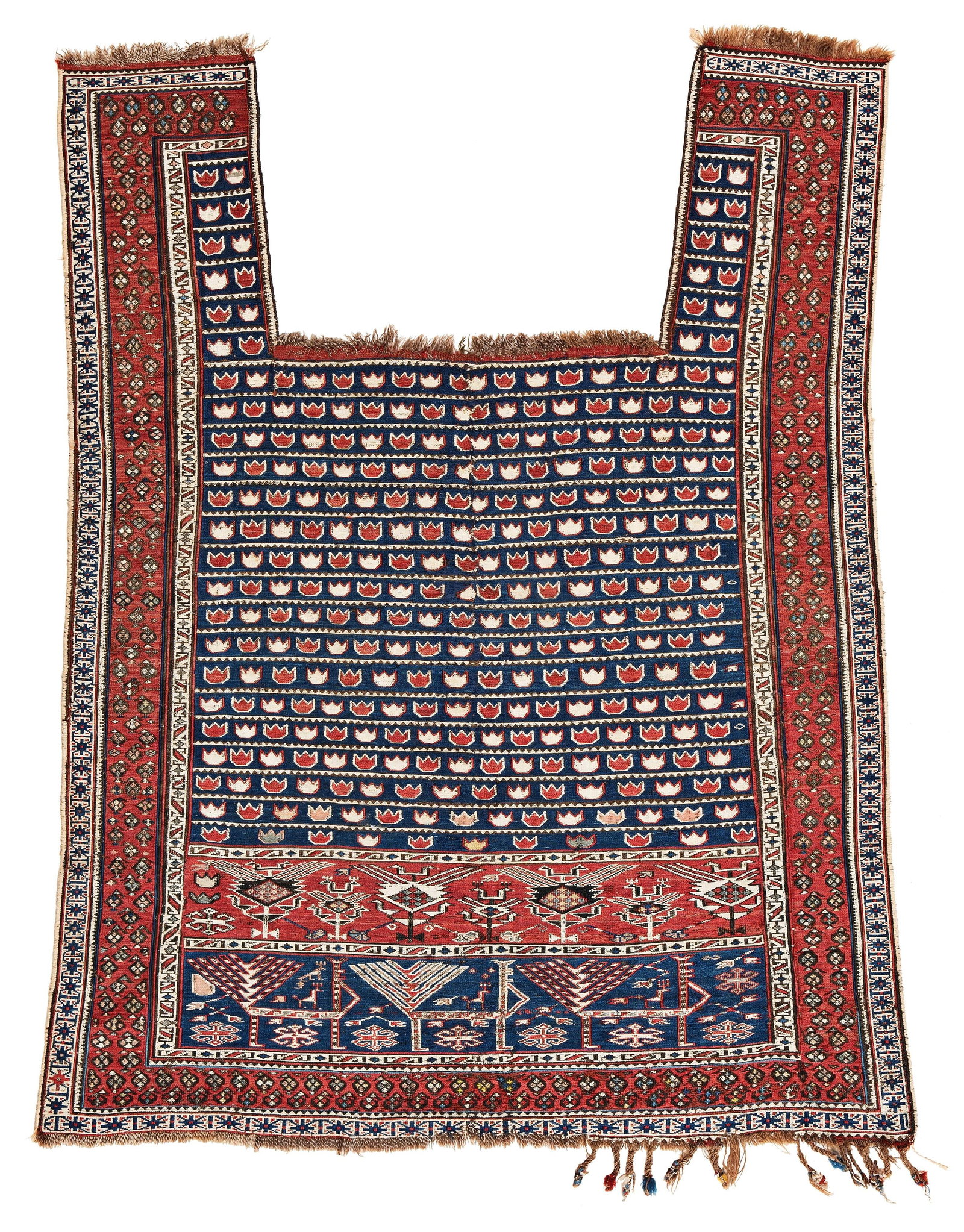 Akstafa Soumak Horse Cover: Akstafa Soumak Horse Cover 138 x 140 cm (4' 6" x 4' 7") Caucasus, late 19th century Condition: good, lower end partially damaged, scattered small repairs, slight abrasions Warp: wool, weft: wool and c