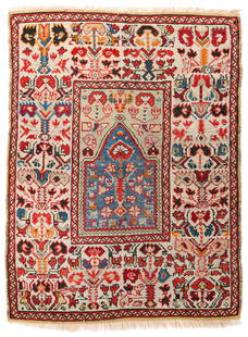 Manastir Prayer Rug: Manastir Prayer Rug 124 x 94 cm (4' 1" x 3' 1") Turkey, early 20th century Condition: good, scattered low pile, both ends restored, several small old repairs Warp: wool, weft: wool, pile: wool