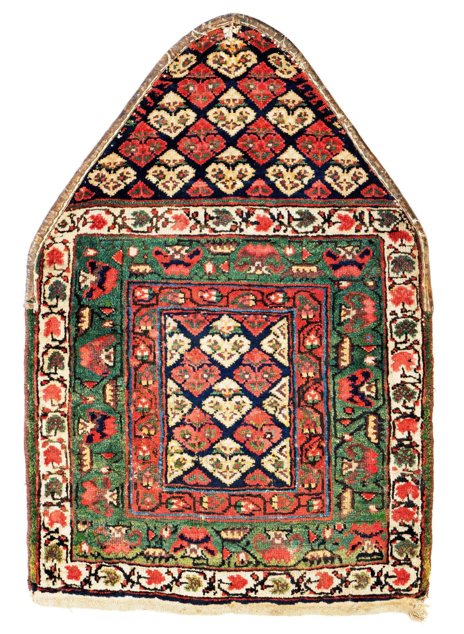 Varamin Saddle Cover: Varamin Saddle Cover 92 x 63 cm (3' x 2' 1") Persia, early 20th century Condition: good, scattered low pile, scattered small moth damages, scattered old repairs Warp: wool, weft: wool, pile: wool