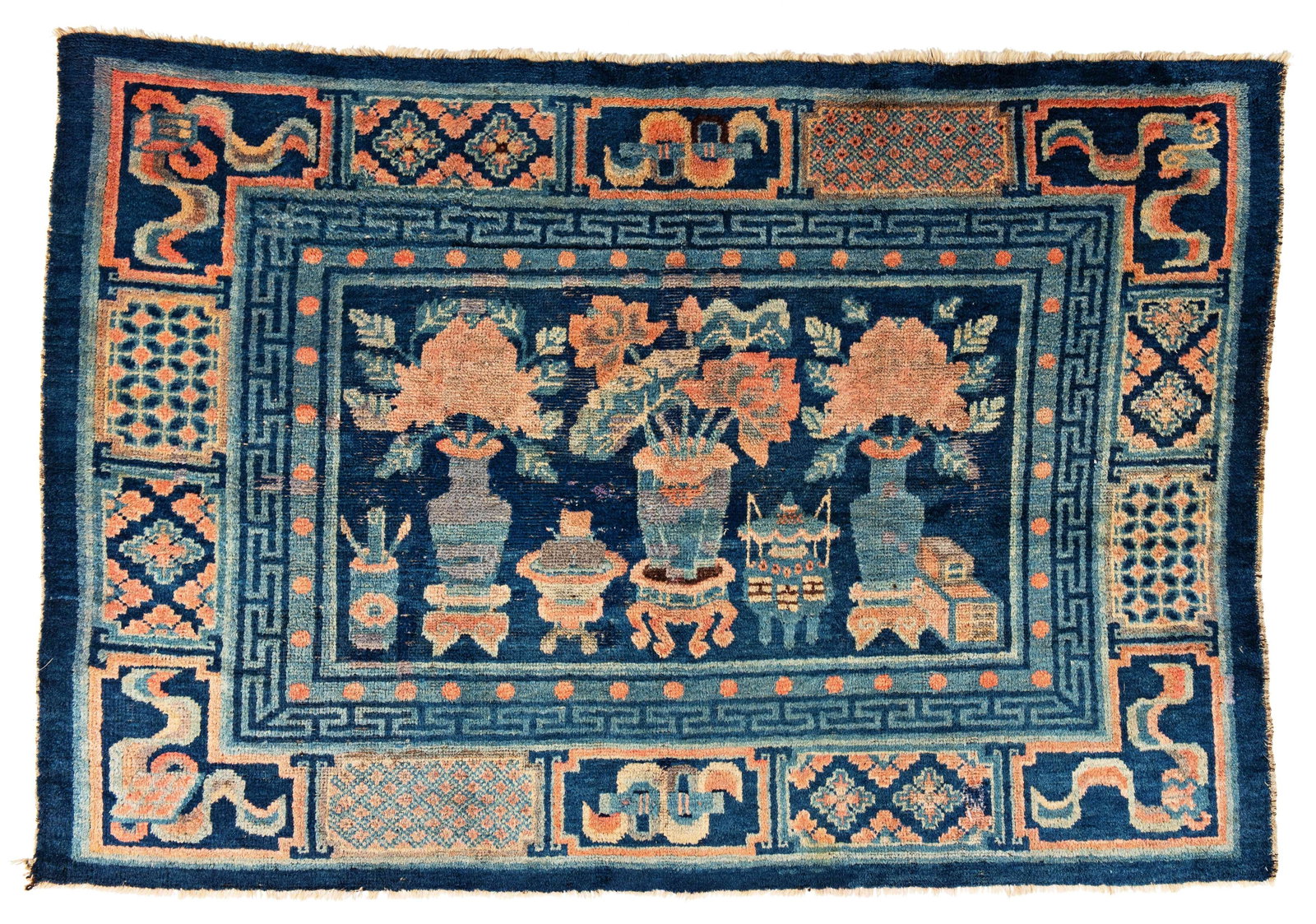 Mongolian Pictorial Rug: Mongolian Pictorial Rug 224 x 152 cm (7' 4" x 5') Mongolia, early 20th century Condition: good, low pile in places, several old repairs, signs of use at sides and ends Warp: wool, weft: wool, pile: wo