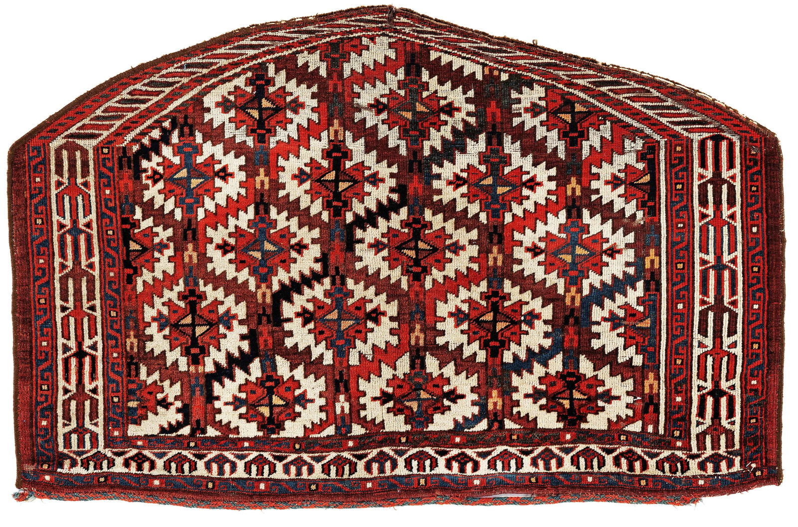 Yomut Asmalyk: Yomut Asmalyk 108 x 70 cm (3' 7" x 2' 4") Turkmenistan, late 19th century Condition: good, low pile, one small tear in the upper middle, scattered small repairs, selvages rebound, scattered small moth