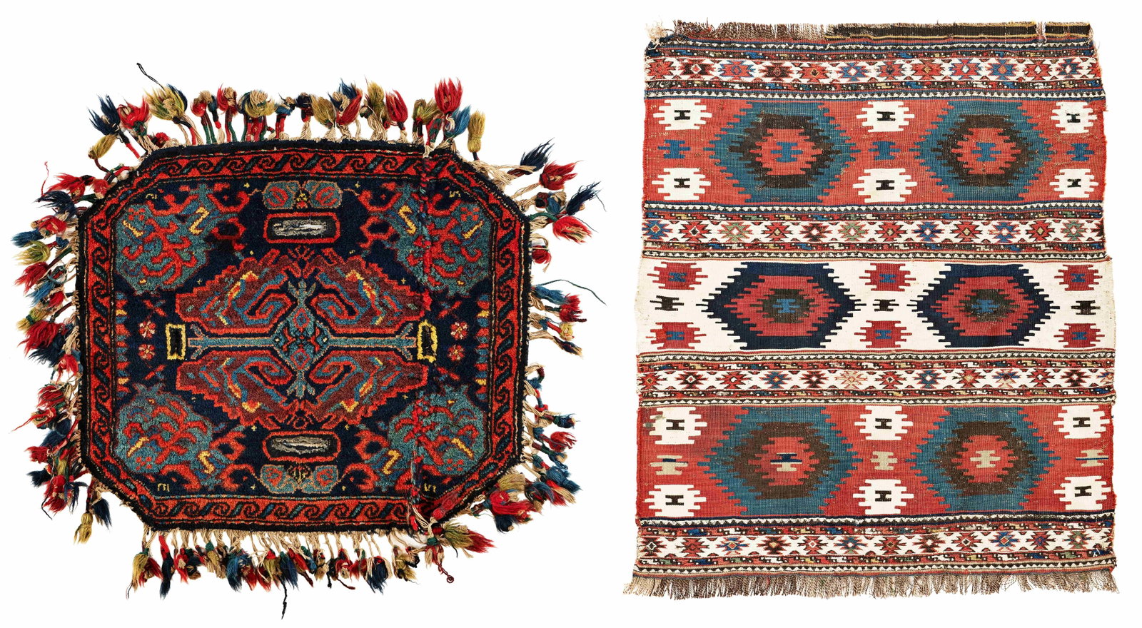 One Karabagh Saddle Cover and one small Shirvan Kilim: One Karabagh Saddle Cover and one small Shirvan Kilim 70 x 62 cm and 85 x 75 cm (2' 4" x 2' and 2' 9" x 2' 6") Caucasus, early 20th century Condition: used, sides and ends partially damaged, scattered